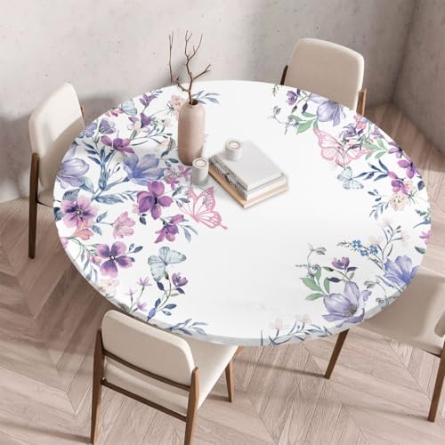 FANSU Tischdecke Rund Abwaschbar für 3D Blumen Outdoor Gartentischdecke Rund Elastisch Schmutzabweisend für Garten Küche, Esstisch, Parteien (Lila Blume,140cm) von FANSU