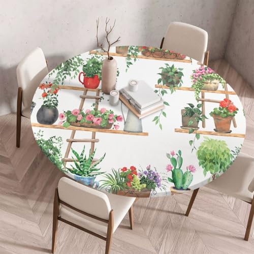 FANSU Tischdecke Rund Abwaschbar für 3D Blumen Outdoor Gartentischdecke Rund Elastisch Schmutzabweisend für Garten Küche, Esstisch, Parteien (Topfpflanze,150cm) von FANSU