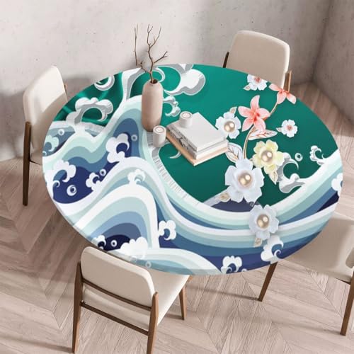 FANSU Tischdecke Rund Abwaschbar für 3D Blumen Outdoor Gartentischdecke Rund Elastisch Schmutzabweisend für Garten Küche, Esstisch, Parteien (Welle,140cm) von FANSU