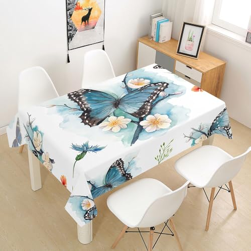 FANSU Tischdecke Tischwäsche, 3D Frühling Schmetterling Rechteckige Abwaschbar Tischtuch Draussen Küchentischabdeckung für Dekoration Garten Küche Outdoor (140x160cm,Aquarell Blau) von FANSU