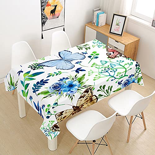 FANSU Tischdecke Wasserdicht Tischwäsche, Rechteckige Wasserabweisend Abwaschbar 3D Schmetterling Tischtuch für Küche Garten Outdoor Esstisch Dekoration (Blaue Blumen,100x140cm) von FANSU