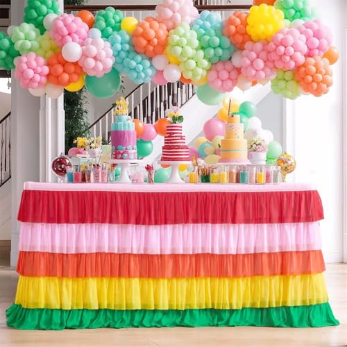 FANSU Tüll Tischrock, Bunt Farbverlauf Tischrock Party Tisch Rock Deko Tischdecke Rund Rechteckig Tischdekoration für Geburtstag Kuchen Hochzeit Bankett Babyparty (Regenbogen,14FT/427x77cm) von FANSU