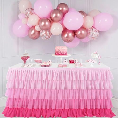 FANSU Tüll Tischrock, Bunt Farbverlauf Tischrock Party Tisch Rock Deko Tischdecke Rund Rechteckig Tischdekoration für Geburtstag Kuchen Hochzeit Bankett Babyparty (Rosa,14FT/427x77cm) von FANSU