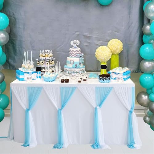 FANSU Tüll Tischrock, Party Deko Tischrock Tischröcke Tisch Rock Tischdekoration, für Geburtstag Kuchen Hochzeit Bankett Babyparty Taufe Weihnachten (6FT/183x78cm,Blau + Weiß) von FANSU