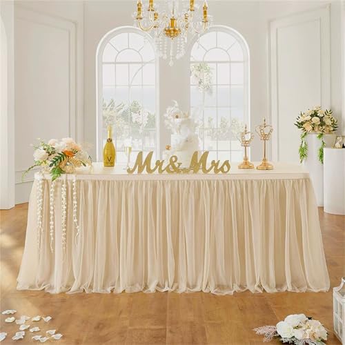 FANSU Tüll Tischrock, Tischrock Party Doppelschicht Tisch Rock Deko Tischdecke Rund Rechteckig Tischdekoration für Geburtstag Kuchen Hochzeit Babyparty Weihnachten (Beige,14FT/426x75cm) von FANSU