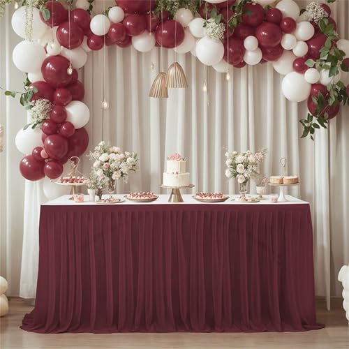 FANSU Tüll Tischrock, Tischrock Party Doppelschicht Tisch Rock Deko Tischdecke Rund Rechteckig Tischdekoration für Geburtstag Kuchen Hochzeit Babyparty Weihnachten (Burgund,9FT/275x75cm) von FANSU