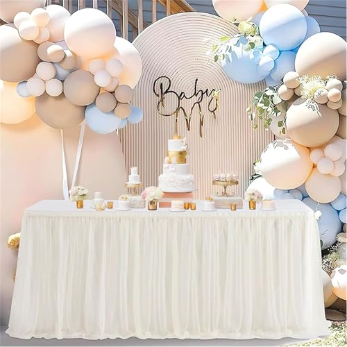 FANSU Tüll Tischrock, Tischrock Party Doppelschicht Tisch Rock Deko Tischdecke Rund Rechteckig Tischdekoration für Geburtstag Kuchen Hochzeit Babyparty Weihnachten (Milchweiß,6FT/183x75cm) von FANSU