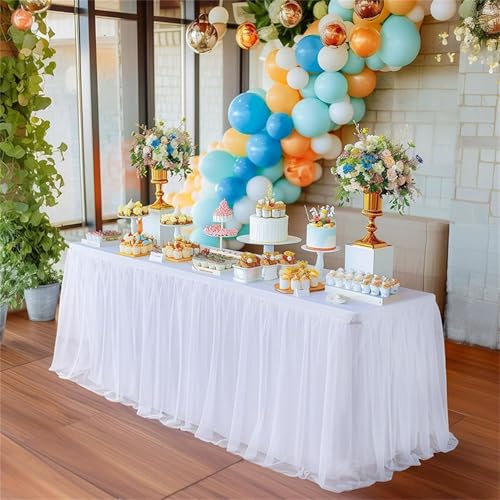 FANSU Tüll Tischrock, Tischrock Party Doppelschicht Tisch Rock Deko Tischdecke Rund Rechteckig Tischdekoration für Geburtstag Kuchen Hochzeit Babyparty Weihnachten (Weiß,14FT/426x75cm) von FANSU