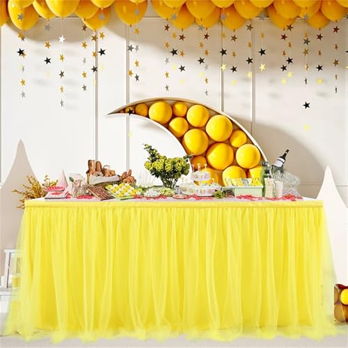FANSU Tüll Tischrock, Tischrock Party Tisch Rock Deko Tischdecke Rund Rechteckig Tischdekoration für Kuchen Bankett Babyparty Taufe Hochzeit Weihnachten Geburtstag (Gelb,9FT/275x77cm) von FANSU