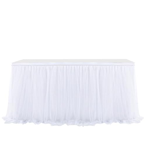 FANSU Tüll Tischrock, Tischrock Party Tisch Rock Deko Tischdecke Rund Rechteckig Tischdekoration für Kuchen Bankett Babyparty Taufe Hochzeit Weihnachten Geburtstag (Weiß,14FT/427x77cm) von FANSU