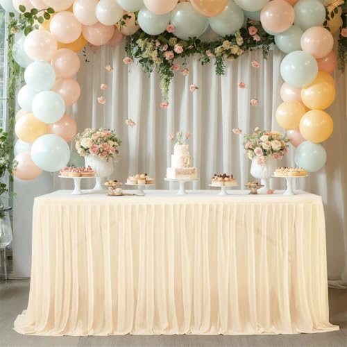 FANSU Tüll Tischrock,Tischrock Party Tisch Rock Deko Tischdecke Rund Rechteckig Tischdekoration für Geburtstag Kuchen Bankett Babyparty Taufe Hochzeit Weihnachten (Champagner,6FT/183x77cm) von FANSU