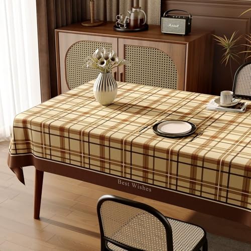 FANSU Wachstuchtischdecke Gartentisch Wasserdicht, Gartentischdecke Outdoor Ölbeständige Rechteckig Tischdecke PVC Plastik Abwaschbar Wachstuch Gingham Vintage Stil (Khaki Farbe,120x160cm) von FANSU