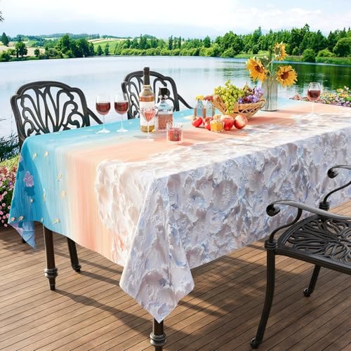 FANSU Wachstuchtischdecke Gartentisch Wasserdicht, Gartentischdecke Outdoor Ölbeständige Rechteckig Tischdecke PVC Plastik Abwaschbar Wachstuch Ölgemälde Stil (Blau + Orange,100x100cm) von FANSU
