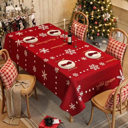 FANSU Wachstuchtischdecke Gartentisch Wasserdicht,Frohe Weihnachten Gartentischdecke Outdoor Ölbeständige Rechteckig Tischdecke PVC Plastik Abwaschbar Wachstuch für Küche (Schneeflocke,140x180cm) von FANSU