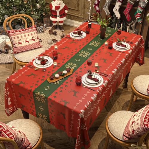 FANSU Weihnachten Tischdecke PVC Outdoor Wetterfest, Gartentischdecke Abwaschbar Wischbare Tischtuch, Wasserdicht Tischwäsche für Wohnzimmer Garten Balkon (Elch,140 * 220CM) von FANSU