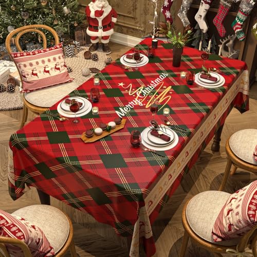 FANSU Weihnachten Tischdecke PVC Outdoor Wetterfest, Gartentischdecke Abwaschbar Wischbare Tischtuch, Wasserdicht Tischwäsche für Wohnzimmer Garten Balkon (Rot kariert,100 * 100CM) von FANSU