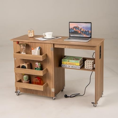 FANTASK 2 in 1 Zusammenklappbarer Nähtisch, Nähmaschinenschrank mit Ladestation, Regalen und abschließbaren Rädern, Nähtisch aus Holz, Mehrzweck-Bastelstation für Wohnzimmer, Schlafzimmer (Natur) von FANTASK