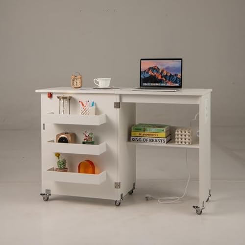 FANTASK 2 in 1 Zusammenklappbarer Nähtisch, Nähmaschinenschrank mit Ladestation, Regalen und abschließbaren Rädern, Nähtisch aus Holz, Mehrzweck-Bastelstation für Wohnzimmer, Schlafzimmer (Weiß) FANTASK 2 in 1 Zusammenklappbarer Nähtisch, Nähmaschinenschrank mit Ladestation, Regalen und abschließbaren Rädern, Nähtisch aus Holz, Mehrzweck-Bastelstation für Wohnzimmer, Schlafzimmer (Weiß) von FANTASK