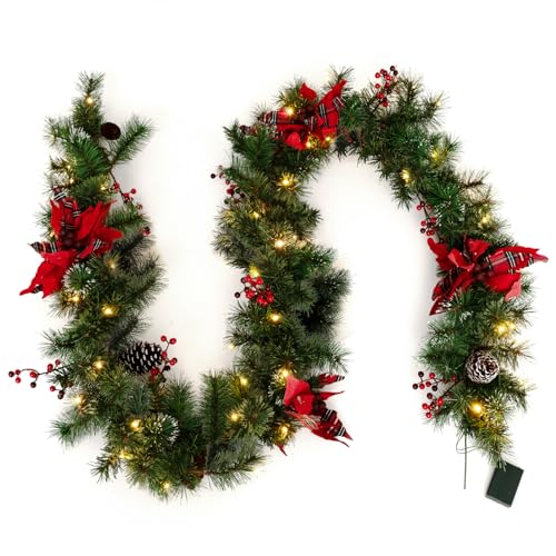 FANTASK 270cm Dekorative Weihnachtsgirlande mit 50 LEDs warmweiß, Tannengirlande Künstlich mit Tannenzapfen & roten Blumen, Weihnachtsdeko für Tür, Kamin & Treppe von FANTASK
