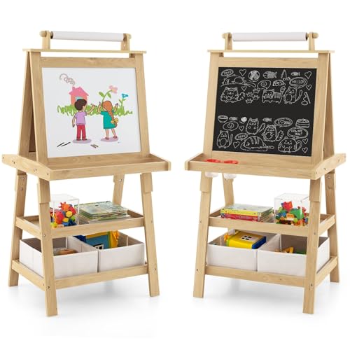 FANTASK 3 in 1 Kindertafel doppelseitig mit Whiteboard & Kreidetafel & Zeichenpapier, Kinder Staffelei inkl. Magneten & 2 Aufbewahrungsboxen, 2 Regalebenen Holztafel (Natur) von FANTASK