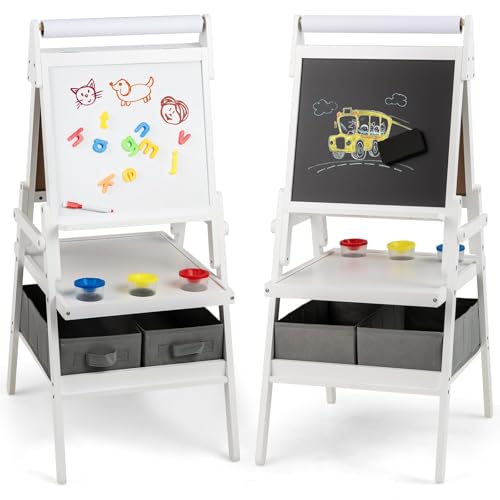 FANTASK 3-in-1 Tafel Kinder, doppelseitige Kindertafel mit Papierrolle & magnetischer Kreidetafel & Whiteboard, inkl. 3 Farbbechern & 2 Boxen, Staffelei für Kinder ab 3 Jahren (Weiß) von FANTASK