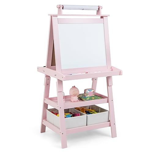 FANTASK 3 in 1 doppelseitige Kinder Staffelei, Standtafel mit Kreidetafel & Zeichenpapier, Standtafel inkl. Magneten, 2 Regalebenen Holztafel mit 2 Aufbewahrungsboxen, Kindertafel (Rosa) von FANTASK