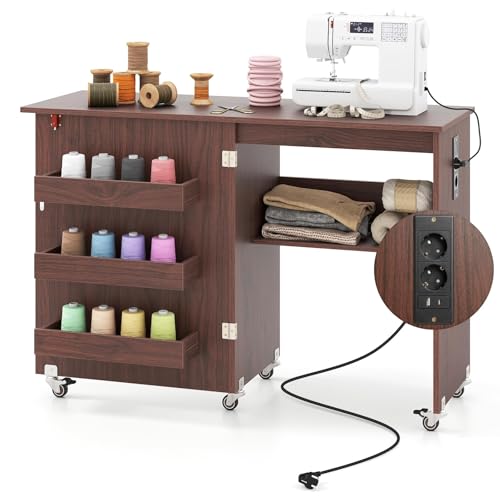FANTASK Nähmaschinenschrank klappbar mit Ladestation, Nähschrank, Nähtisch aus Holz mit Regalen, 2 in 1 Nähmaschinentisch mit abschließbaren Rädern, Basteltisc für Schlafzimmer & Wohnzimmer (Kaffee) von FANTASK