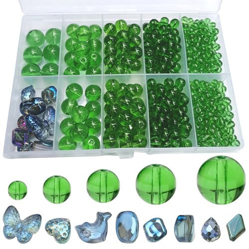 FAPUMOE 476 Stück grüne runde Kristallglasperlen (4/6/8/10/12 mm) mit 8 charmanten Anhängern für die Schmuckherstellung –Glas-Abstandperlen (lose) für Bastelarbeiten, Armbänder von FAPUMOE