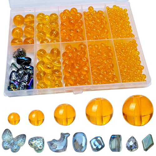 FAPUMOE 476 Stück orange runde Kristallglasperlen (4/6/8/10/12 mm) mit 8 charmanten Anhängern für die Schmuckherstellung - Glas-Abstandperlen (lose) für Bastelarbeiten, Armbänder von FAPUMOE