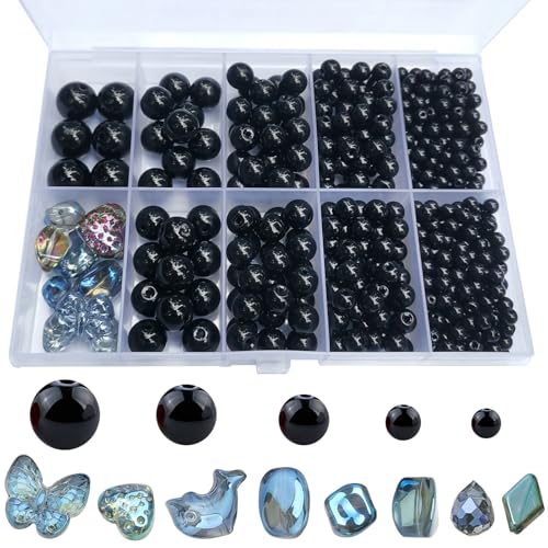 FAPUMOE 476 Stück schwarze runde Kristallglasperlen (4/6/8/10/12 mm) mit 8 charmanten Anhängern für die Schmuckherstellung –Glas-Abstandperlen (lose) für Bastelarbeiten, Armbänder von FAPUMOE