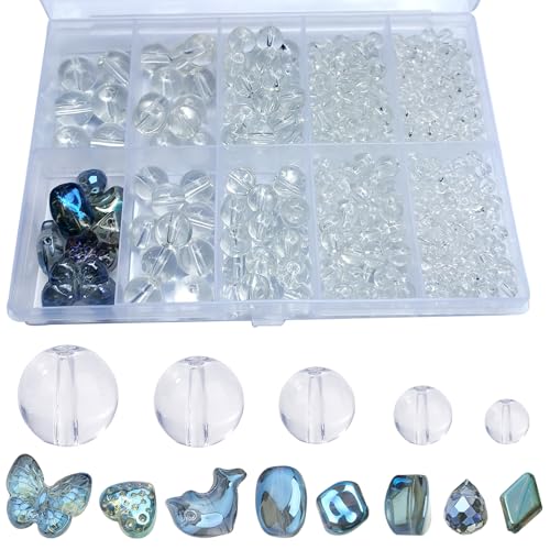 FAPUMOE 476 Stück transparente runde Kristallglasperlen (4/6/8/10/12 mm) mit 8 charmanten Anhängern für die Schmuckherstellung –Glas-Abstandperlen (lose) für Bastelarbeiten, Armbänder von FAPUMOE