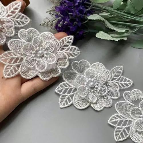 10 x Perlenblumen-Doppelschicht-Flügel-Stickerei-Spitzenbesatz, Strickband, Blumenapplikation, Patches, Kleidernähen, 9 cm, Weiß von FAQIMORAX