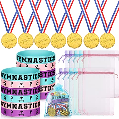 12 Gymnastik-Party-Silikon-Armbänder, 12 goldene Kunststoff-Preismedaillen mit Schleife und 12 Netz-Kordelzugbeutel für Gäste, Geschenk, Teenager, Erwachsene, Gymnastik, Partyzubehör, Dekorationen von FARUTA