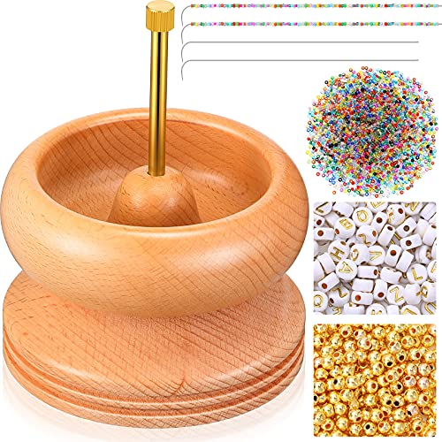 FARUTA DIY Making Bead Spinner Holder Bead Spinner Bowl with 1200 Pieces Assorted Beads and 4 Pieces Curved Needles Beading Spin Bowl Workshop Wooden Crafting Project Crafts for DIY Bracelet Making von FARUTA