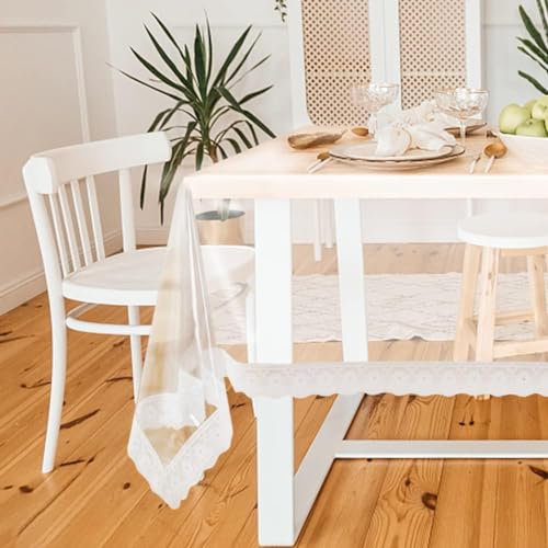 Transparente PVC-Tischdecke, Tischschutz, strapazierfähige Küchentischabdeckung, weiße Spitze, kristallklarer PVC-Tischdeckenschutz, 1,5 mm dick (150 * 150cm) von FARYODI
