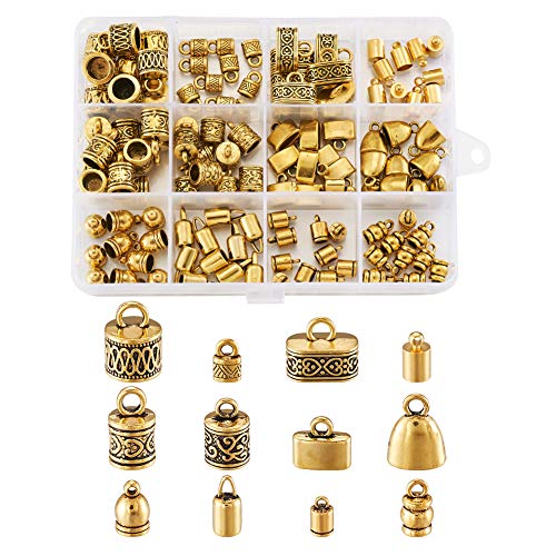 120 Stück/Box 12 Stile tibetische goldene Kordel-Endkappen zum Einkleben von Röhren-Säulen, Fass-Verschluss für Quaste, Armband, Schmuckherstellung von FASHEWELRY