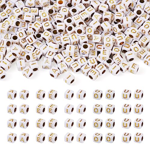 500 Stück weiße goldene Acryl-Würfel-Alphabet-Perlen, 6 mm, quadratische Vokal-Buchstaben-Perlen, großes Loch, Abstandshalter für DIY-Armbänder, Schmuckherstellung von FASHEWELRY