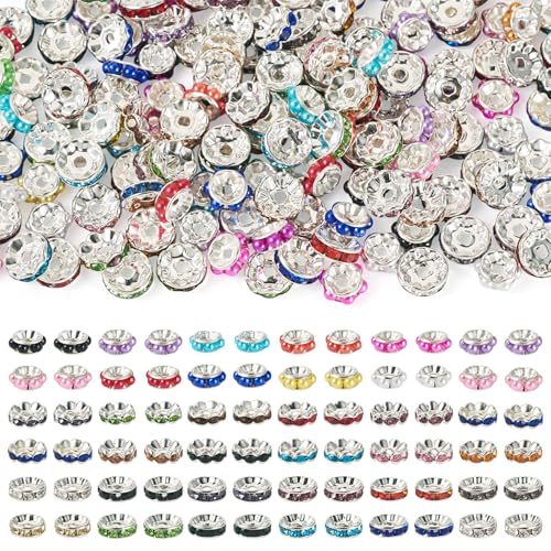 FASHEWELRY 100 Stück 10 mm Strass-Rondelle-Abstandshalter für Stifte und Imitationsperlen mit Weltraumperlen, bunte Perlenstifte, Metallscheiben, Perlen für DIY-Armbänder, Halsketten von FASHEWELRY