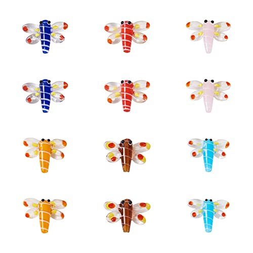 FASHEWELRY 12 Stück Libellen-Lampwork-Glasperlen, 6 Farben, Cartoon-Fliegetiere, Glas-Abstandshalter, handgefertigte Lampwork-Perlen für DIY-Schmuckherstellung von FASHEWELRY