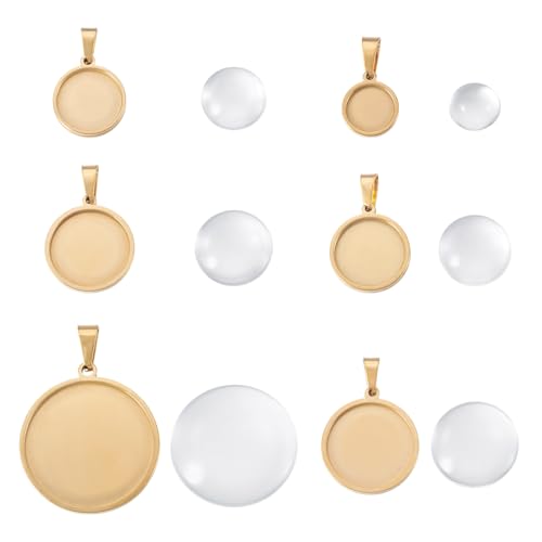 FASHEWELRY 12 Stück goldener flacher runder Edelstahl-Anhänger-Tablett, Cabochon-Einstellungen, 5 Größen, Metall-Lünette mit Glas-Cabochons für DIY-Gedenk-Halsketten, Foto-Schmuckherstellung von FASHEWELRY