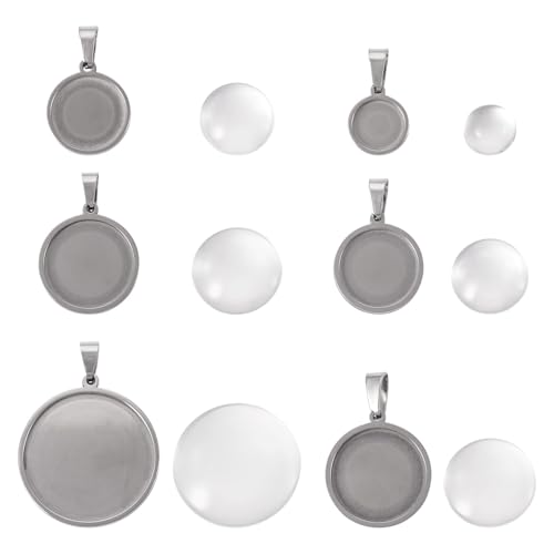 FASHEWELRY 12 flache runde Edelstahl-Anhänger-Tabletts, Cabochon-Einstellungen, 5 Größen, Metall-Lünette mit Glas-Cabochons für DIY-Gedenk-Halsketten, Foto-Schmuckherstellung FASHEWELRY 12 flache runde Edelstahl-Anhänger-Tabletts, Cabochon-Einstellungen, 5 Größen, Metall-Lünette mit Glas-Cabochons für DIY-Gedenk-Halsketten, Foto-Schmuckherstellung von FASHEWELRY