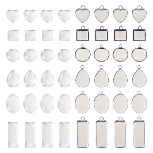 FASHEWELRY 120 Stück Edelstahl-Anhänger-Tablett, Cabochon-Einstellungen, oval, tropfenförmig, rund, rechteckig, Herzform, blanko, mit Glas-Cabochons, für DIY-Gedenk-Halsketten, Foto-Schmuckherstellung von FASHEWELRY