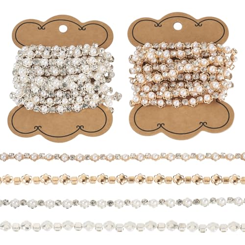 FASHEWELRY 2 x 8 mm Strass-Perlenbesatz zum Aufnähen, Platin, Hellgold, Hochzeitskleid, Braut-Applikation, Spitze, Kristall, Fransenband für DIY, Handwerk, Party, Kostüm, Dekoration von FASHEWELRY