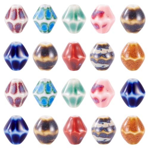 FASHEWELRY 20 Stück Doppelkegel handgefertigte Porzellanperlen bunte Rautenform Handwerk Keramik lose Abstandshalter Perlen für DIY Armband Halskette Ohrring Schmuckherstellung Handwerk von FASHEWELRY
