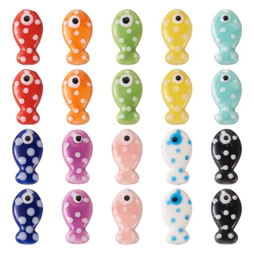 FASHEWELRY 20 Stück Fisch-Porzellanperlen, handgefertigte Keramikperlen, Fischtiere, bunt, lose Abstandshalter, Perlen für DIY-Armbänder, Schlüsselanhänger, Schmuckherstellung, Perlenhandwerk von FASHEWELRY