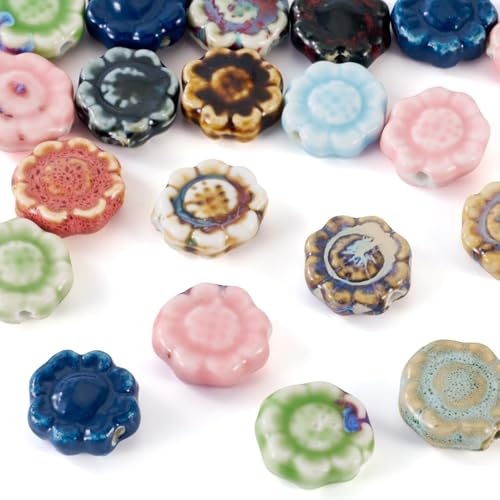 FASHEWELRY 20 Stück handgefertigte Sonnenblumen-Perlen aus Porzellan, buntes Blumenmuster, Keramik, lose Abstandshalter für DIY-Armbänder, Halsketten, Ohrringe, Schmuckherstellung, Handwerk von FASHEWELRY