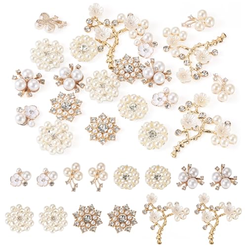 FASHEWELRY 21 Stück Kunstperlen Strass Blumenknöpfe weiße Blumenverzierungen Brosche flache Rückseite Legierung Knöpfe für Schmuckherstellung Kleidung Taschen Schuhe Zubehör Hochzeit DIY Nähen von FASHEWELRY
