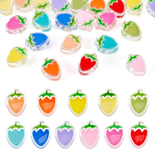 FASHEWELRY 22 Stück Acryl-Erdbeerperlen, bunte Nachahmung, Obst, Lebensmittel, transparente lose Perlen mit Emaille, für DIY-Armbänder, Halsketten, Telefon-Umhängeband von FASHEWELRY