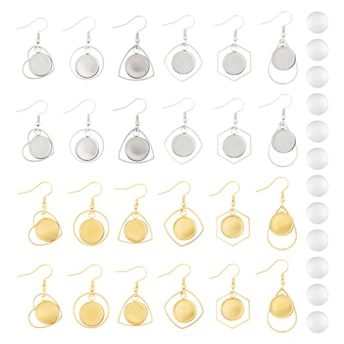 FASHEWELRY 24 Stück Edelstahl-Ohrring-Lünettenablagen – geometrische Blanko-Lünettenfassung, Tropfenform, Herz, rund, 16 mm, Ohrringrohlinge mit Glas-Cabochons für DIY-Schmuckherstellung von FASHEWELRY