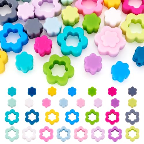 FASHEWELRY 30 Stück Blumen-Silikonperlen, hohl, bunt, Blume, Gummi, lose Abstandshalter, Silikon-Perlen für Schlüsselband, Halskette, Armband, Schmuckherstellung FASHEWELRY 30 Stück Blumen-Silikonperlen, hohl, bunt, Blume, Gummi, lose Abstandshalter, Silikon-Perlen für Schlüsselband, Halskette, Armband, Schmuckherstellung von FASHEWELRY